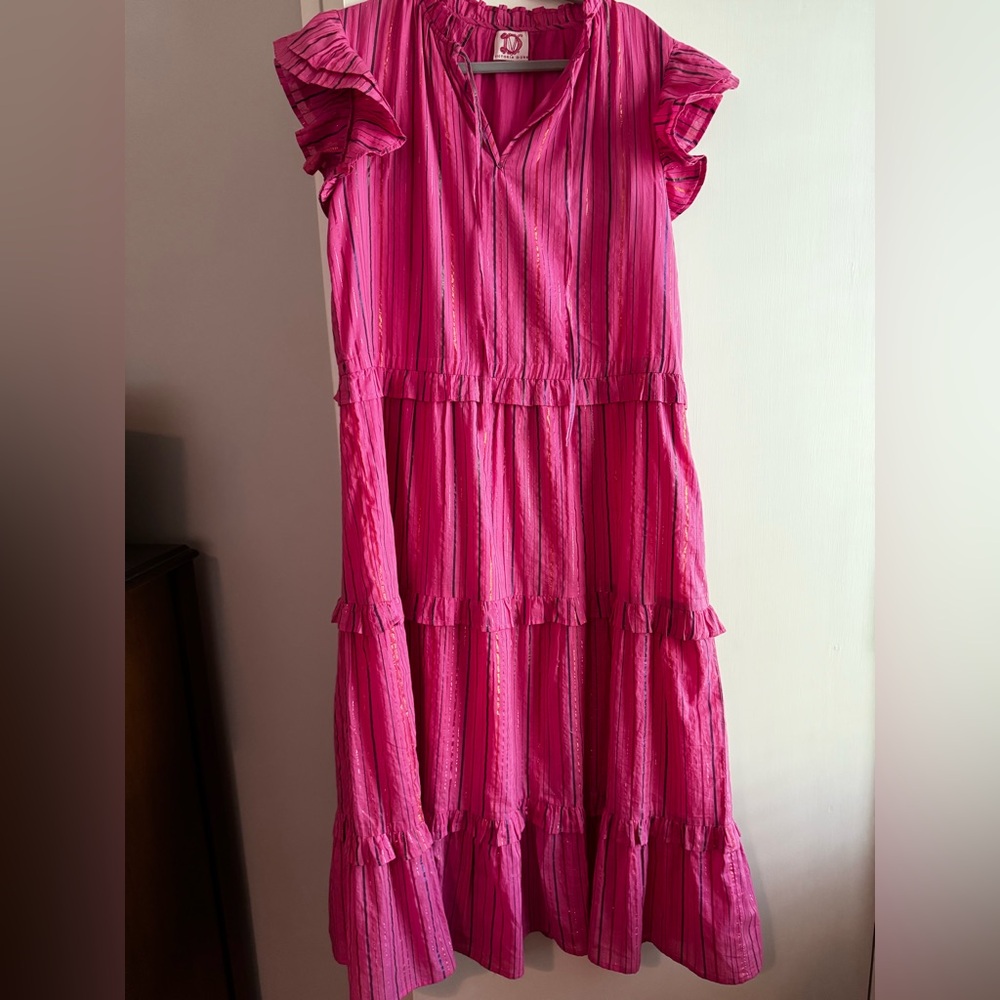 Victoria Dunn Pink Tinsel Striped Ruffle Dress